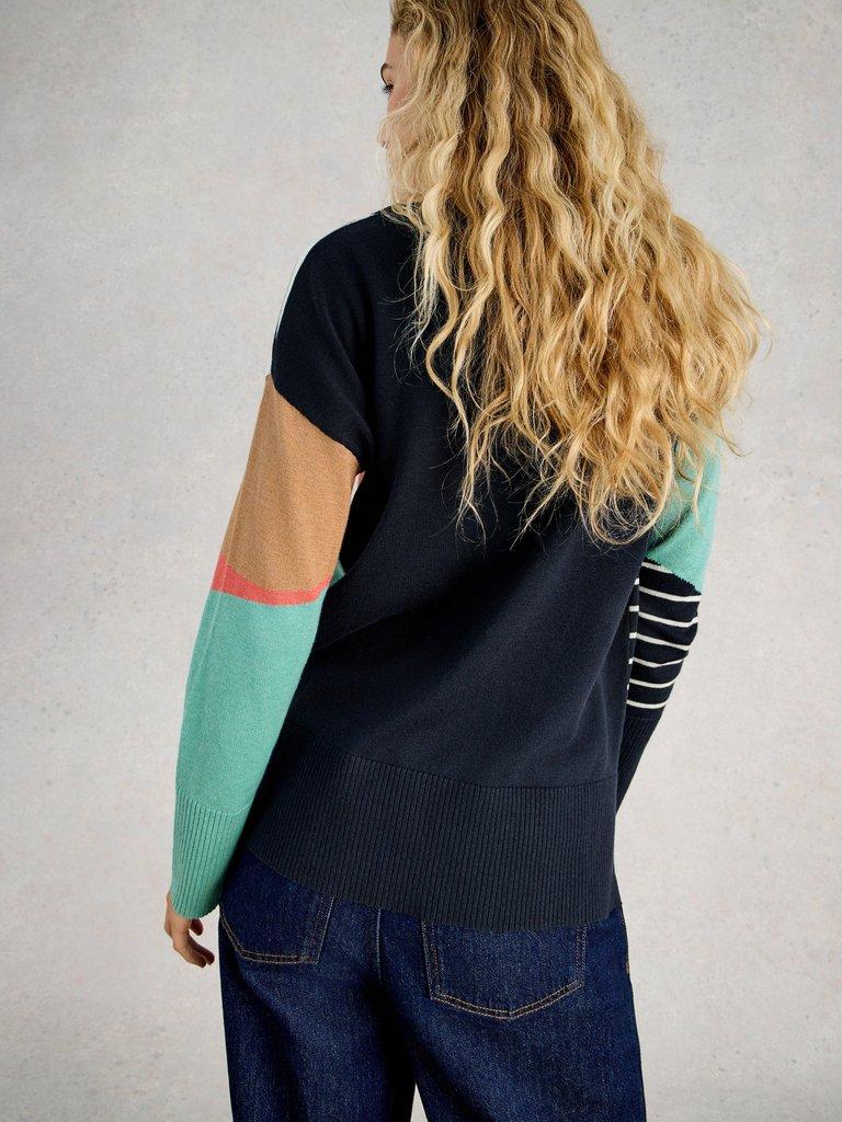 OLIVE CREW NECK ABSTRACT JUMPER in NAVY MULTI - MODEL BACK