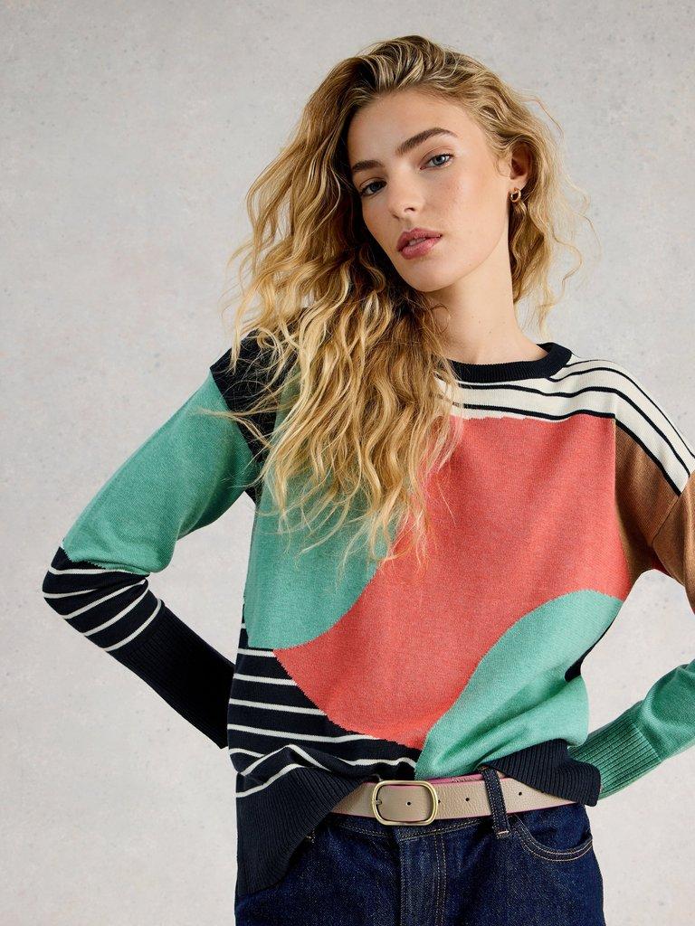 OLIVE CREW NECK ABSTRACT JUMPER in NAVY MULTI - MODEL DETAIL