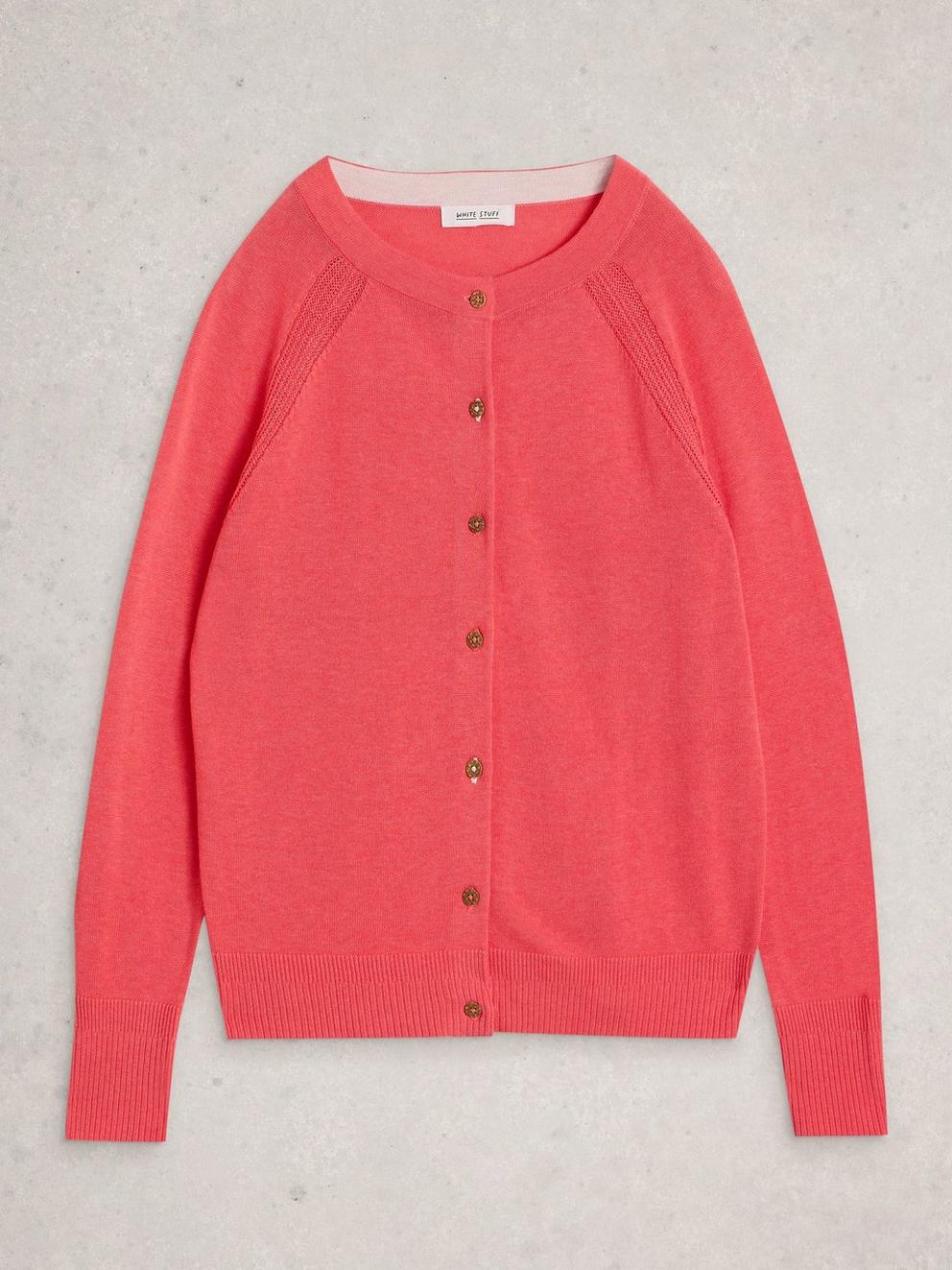 LULU CREW NECK LONG SLEEVE CARDIGAN in BRT PINK - FLAT FRONT