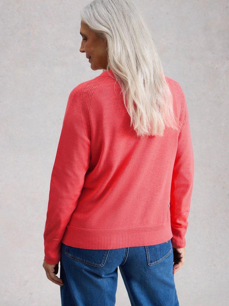 LULU CREW NECK LONG SLEEVE CARDIGAN in BRT PINK - MODEL BACK
