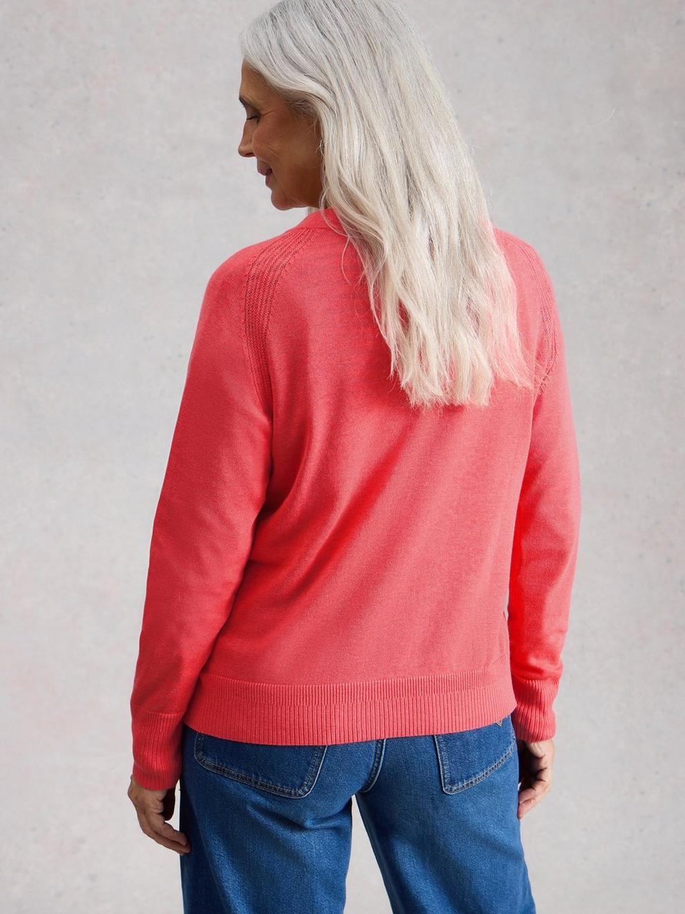 LULU CREW NECK LONG SLEEVE CARDIGAN in BRT PINK - MODEL BACK