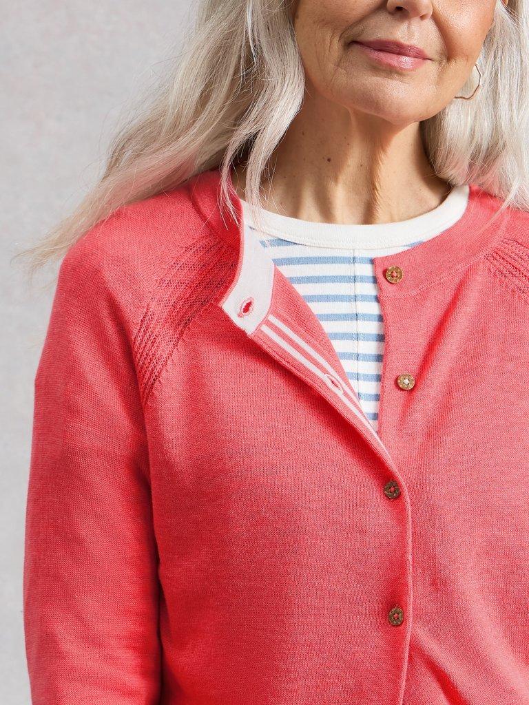 LULU CREW NECK LONG SLEEVE CARDIGAN in BRT PINK - MODEL DETAIL