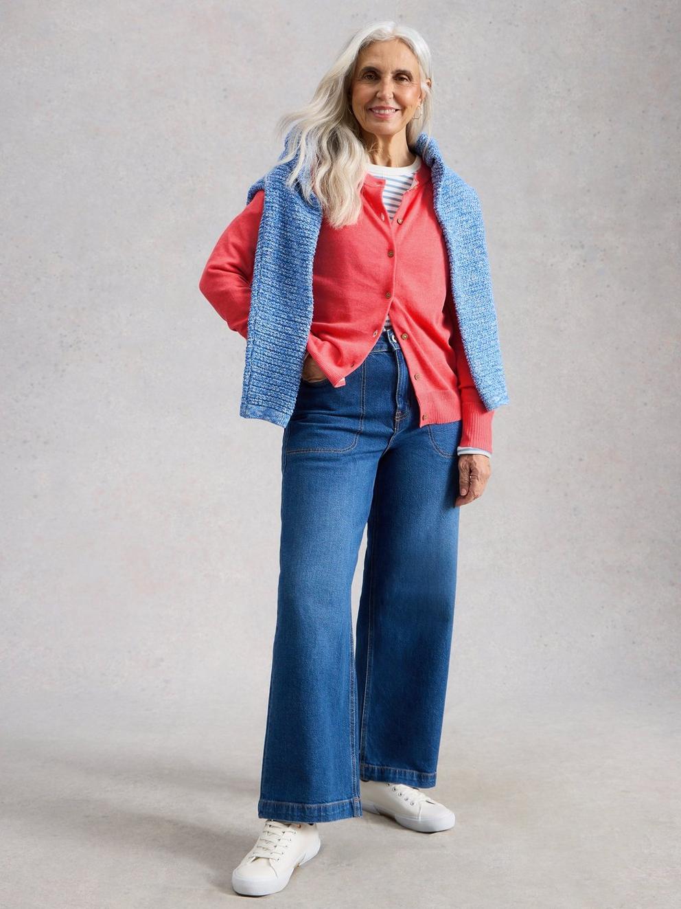 LULU CREW NECK LONG SLEEVE CARDIGAN in BRT PINK - MODEL FRONT