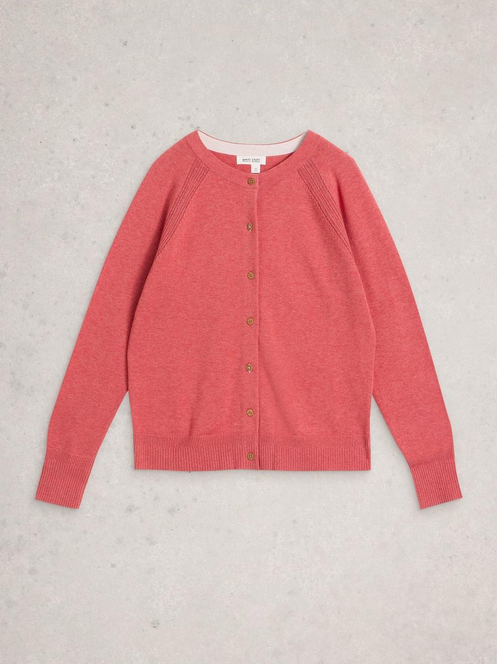 LULU CREW NECK LONG SLEEVE CARDIGAN in MID PINK - FLAT FRONT