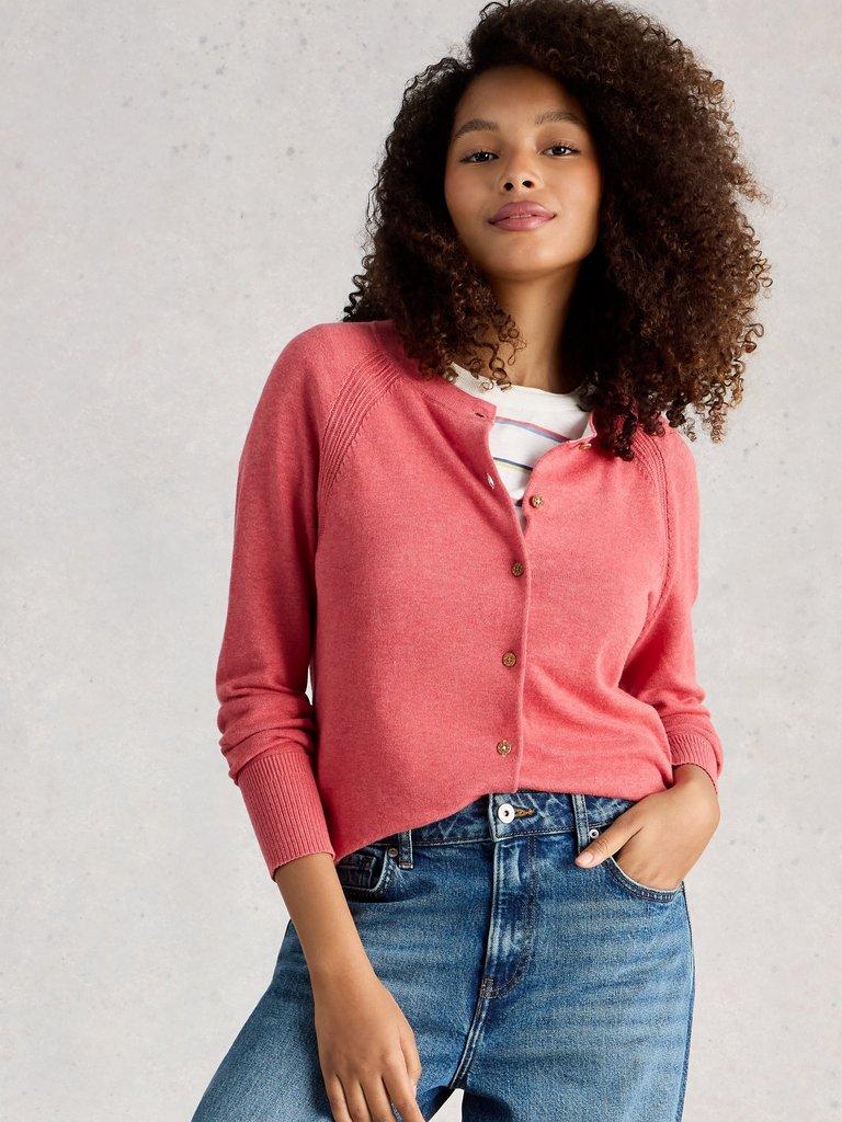 LULU CREW NECK LONG SLEEVE CARDIGAN in MID PINK - LIFESTYLE