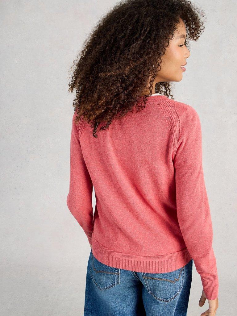 LULU CREW NECK LONG SLEEVE CARDIGAN in MID PINK - MODEL BACK