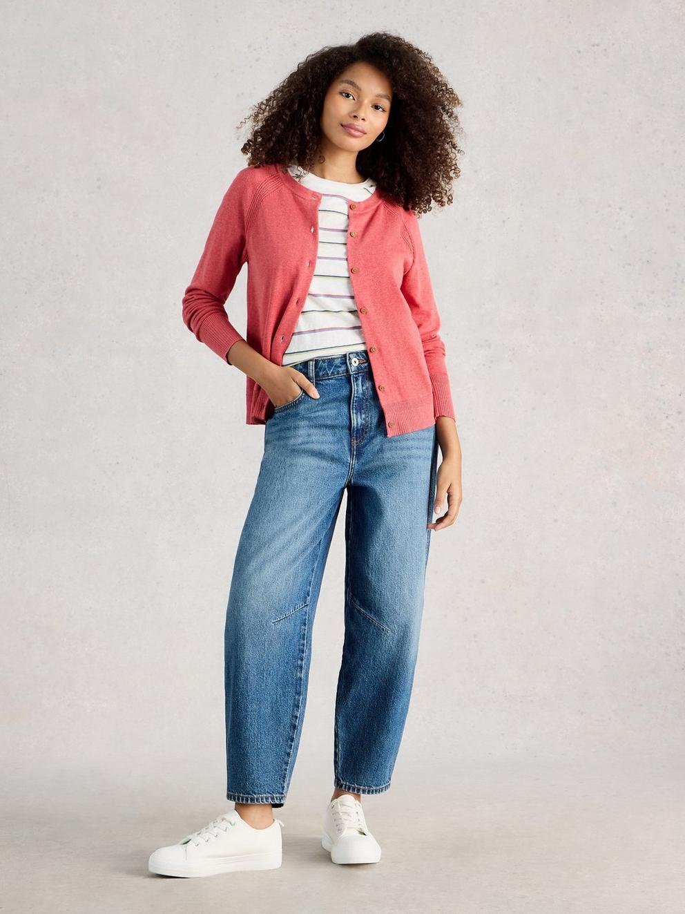 LULU CREW NECK LONG SLEEVE CARDIGAN in MID PINK - MODEL FRONT