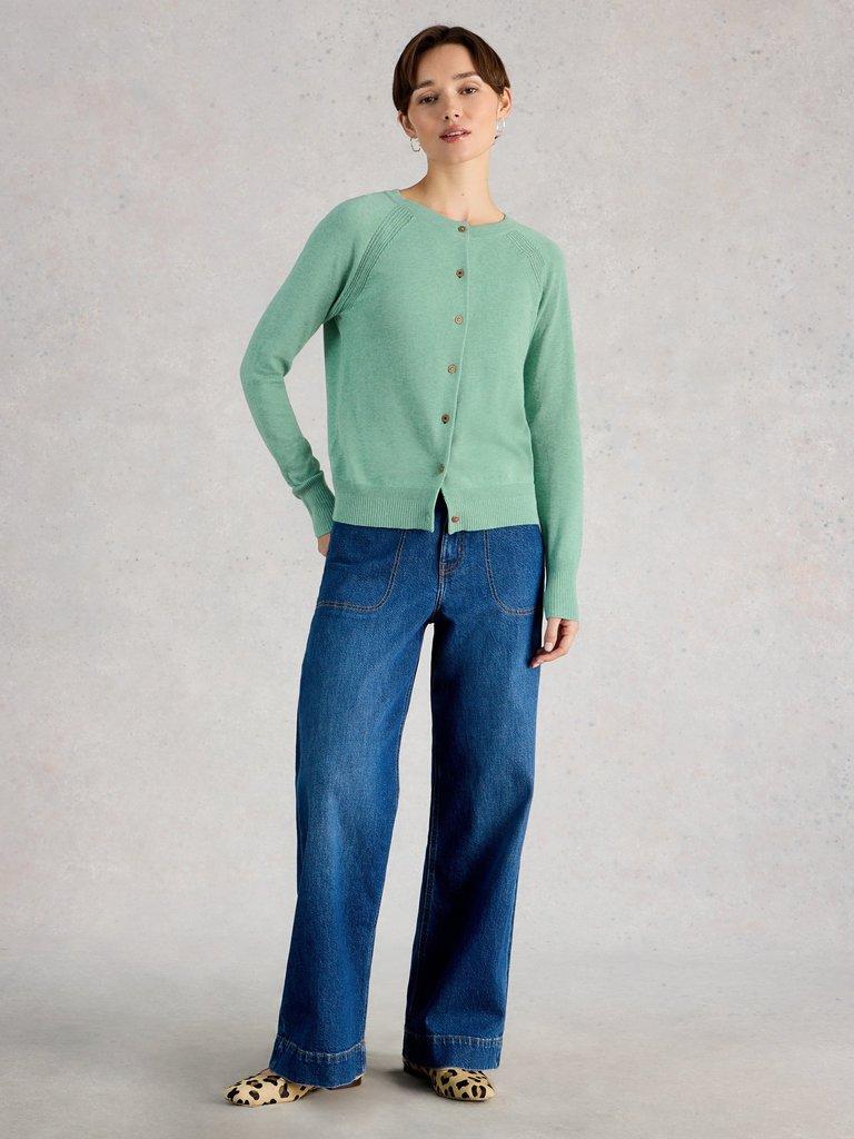 LULU CREW NECK LONG SLEEVE CARDIGAN in MID TEAL - MODEL FRONT