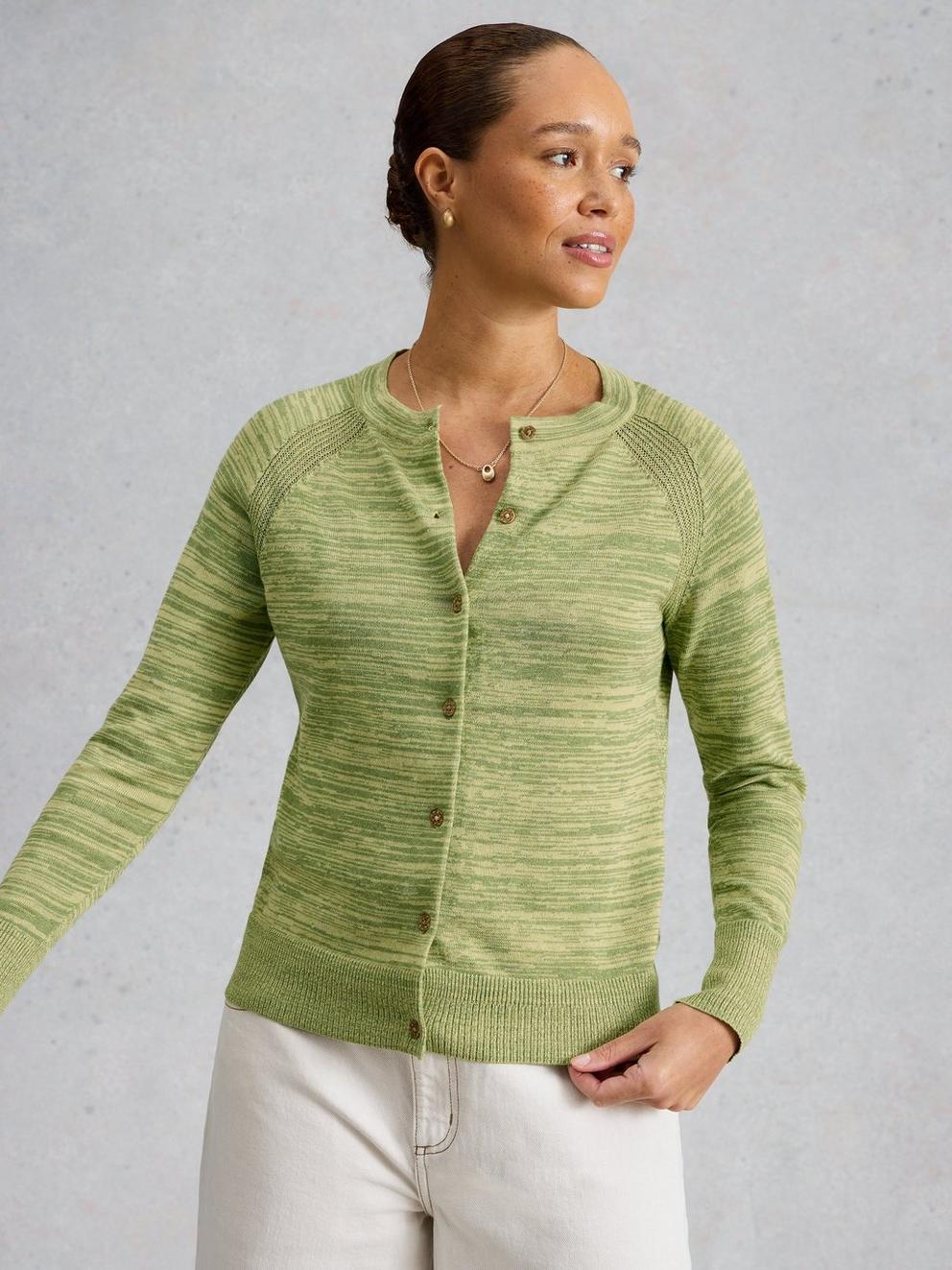 LULU TWIST CARDI in GREEN MLT - MODEL DETAIL