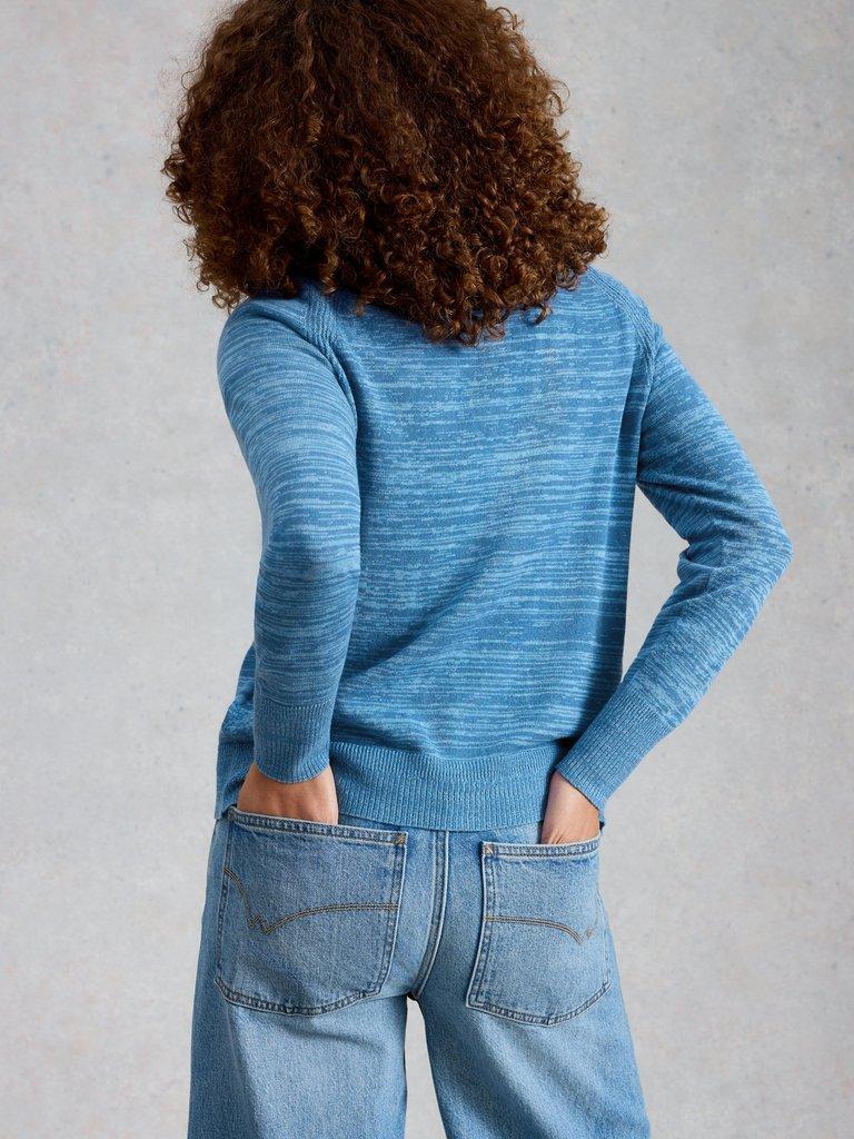 LULU TWIST CARDI in MID BLUE - MODEL BACK