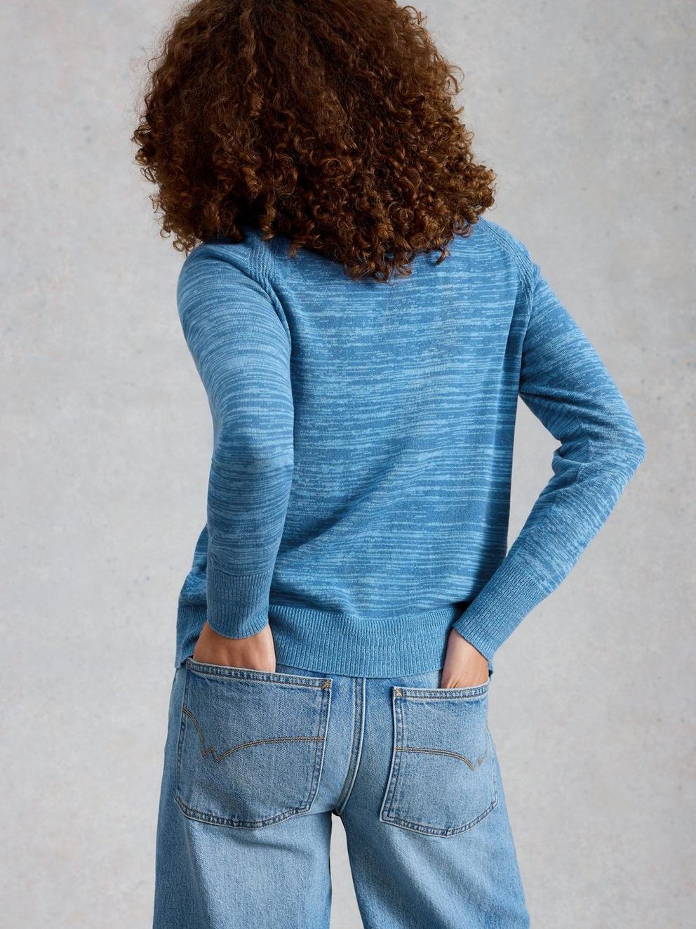 LULU TWIST CARDI in MID BLUE - MODEL BACK