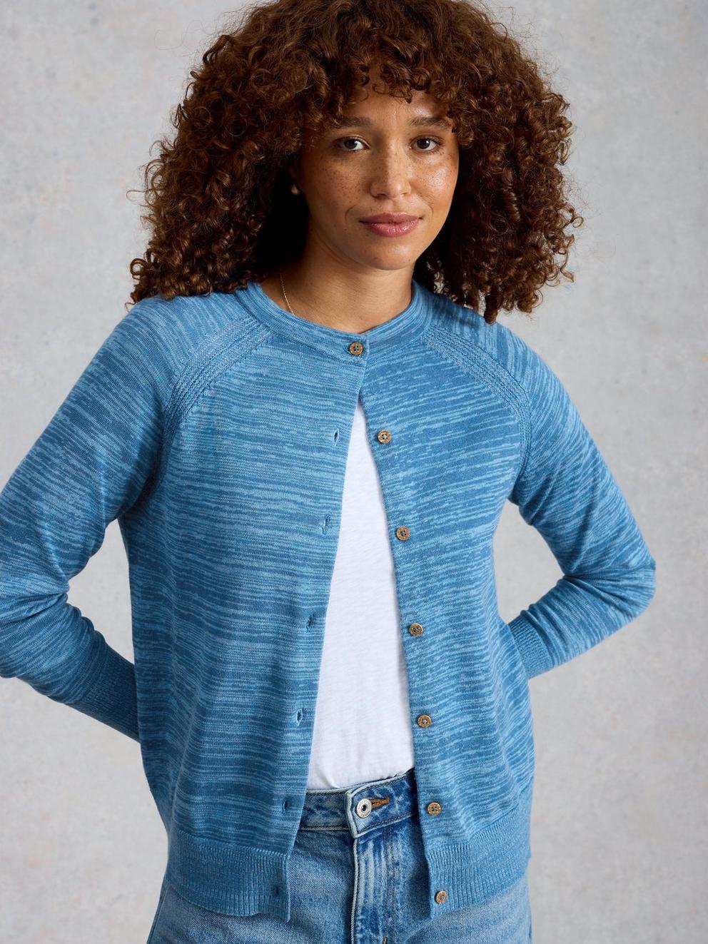 LULU TWIST CARDI in MID BLUE - MODEL DETAIL