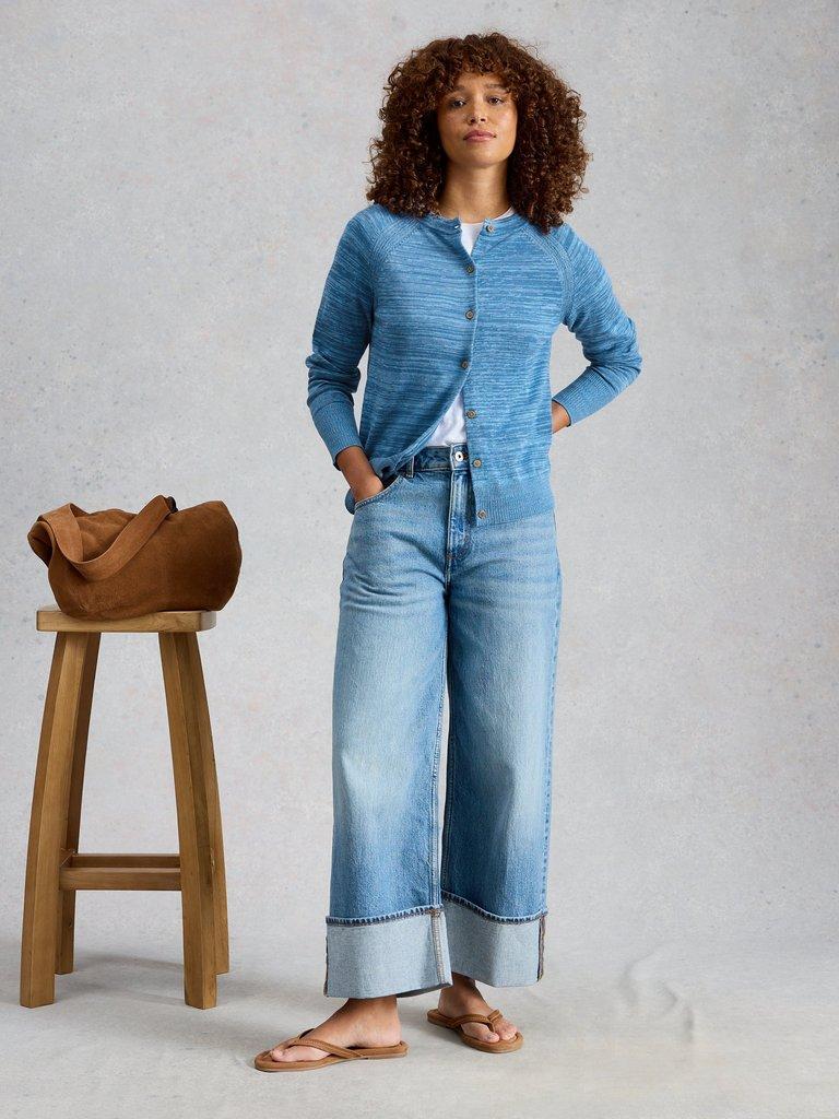 LULU TWIST CARDI in MID BLUE - MODEL FRONT