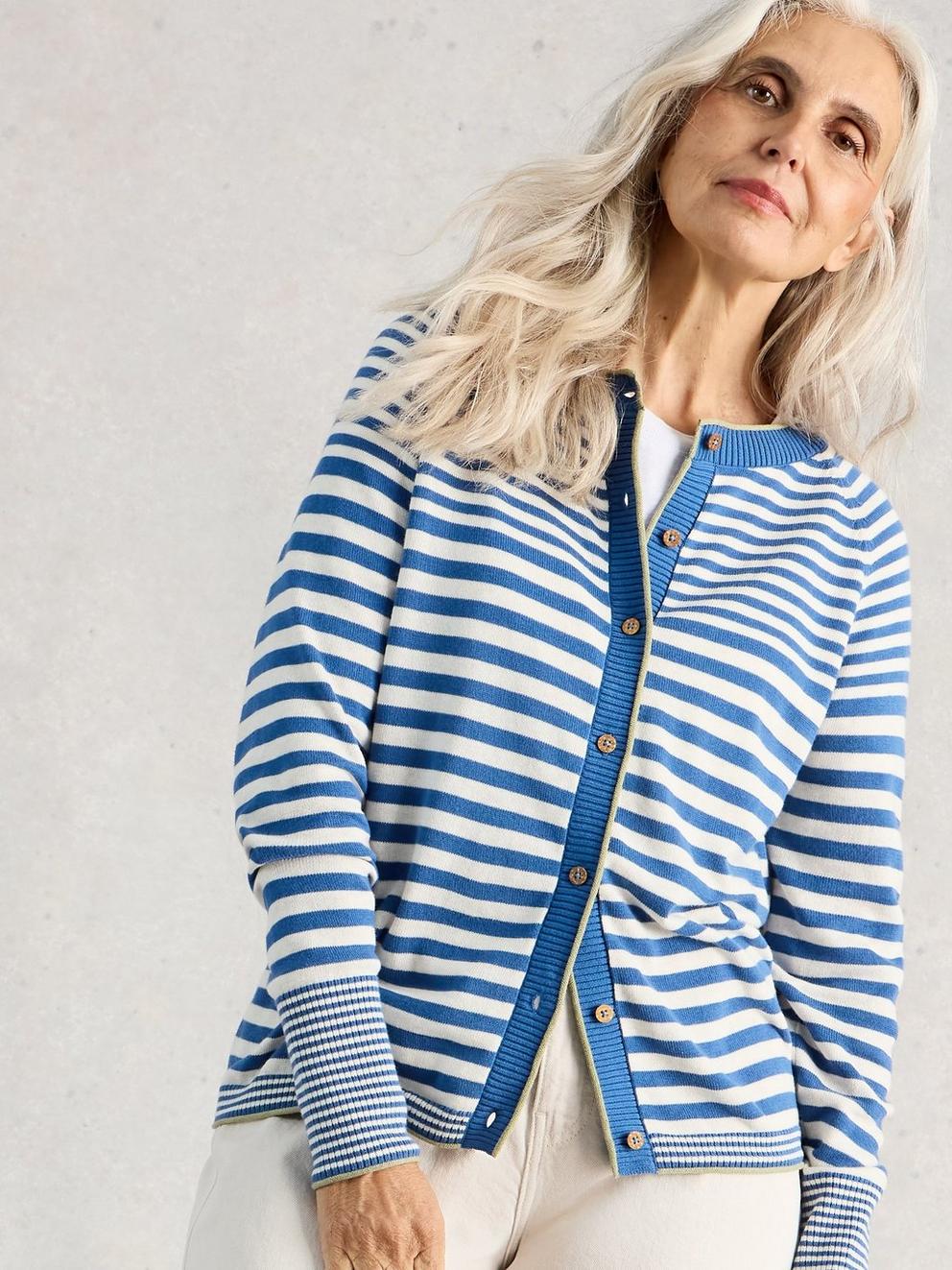 LULU CREW NECK STRIPE CARDI in BLUE MLT - LIFESTYLE