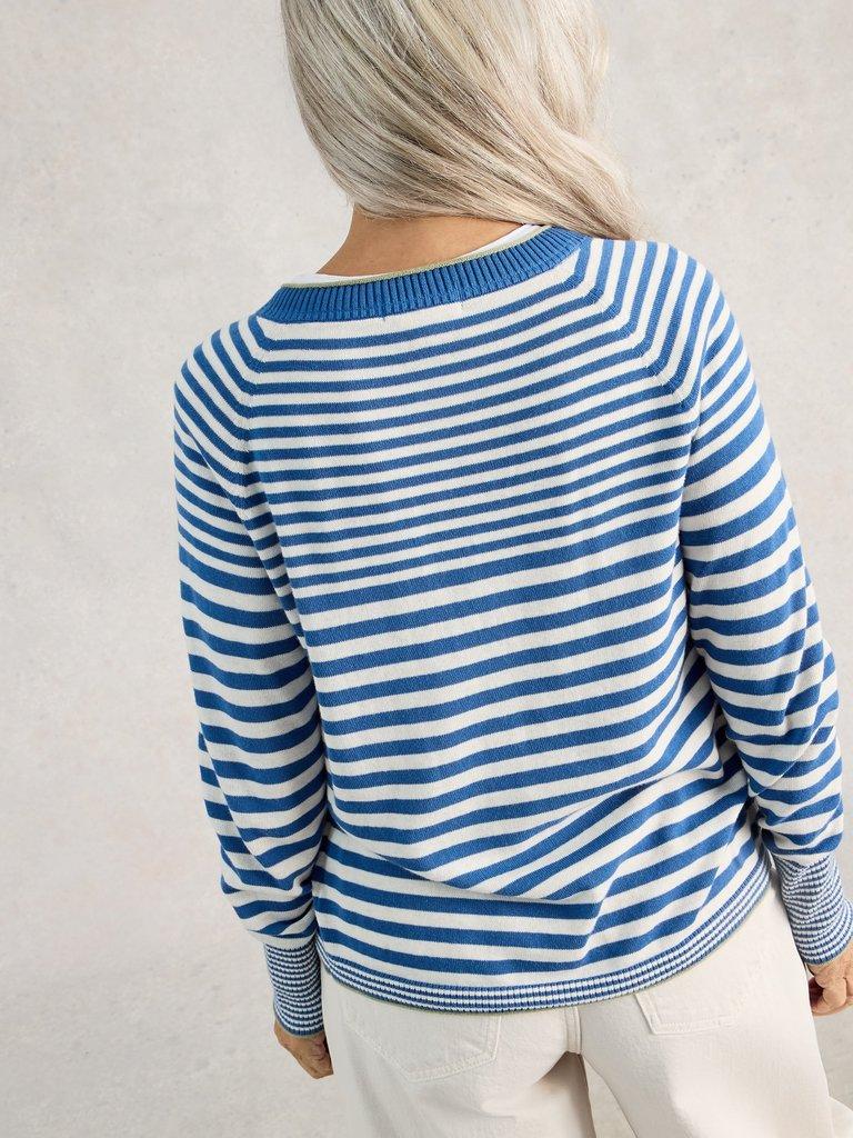 LULU CREW NECK STRIPE CARDI in BLUE MLT - MODEL BACK