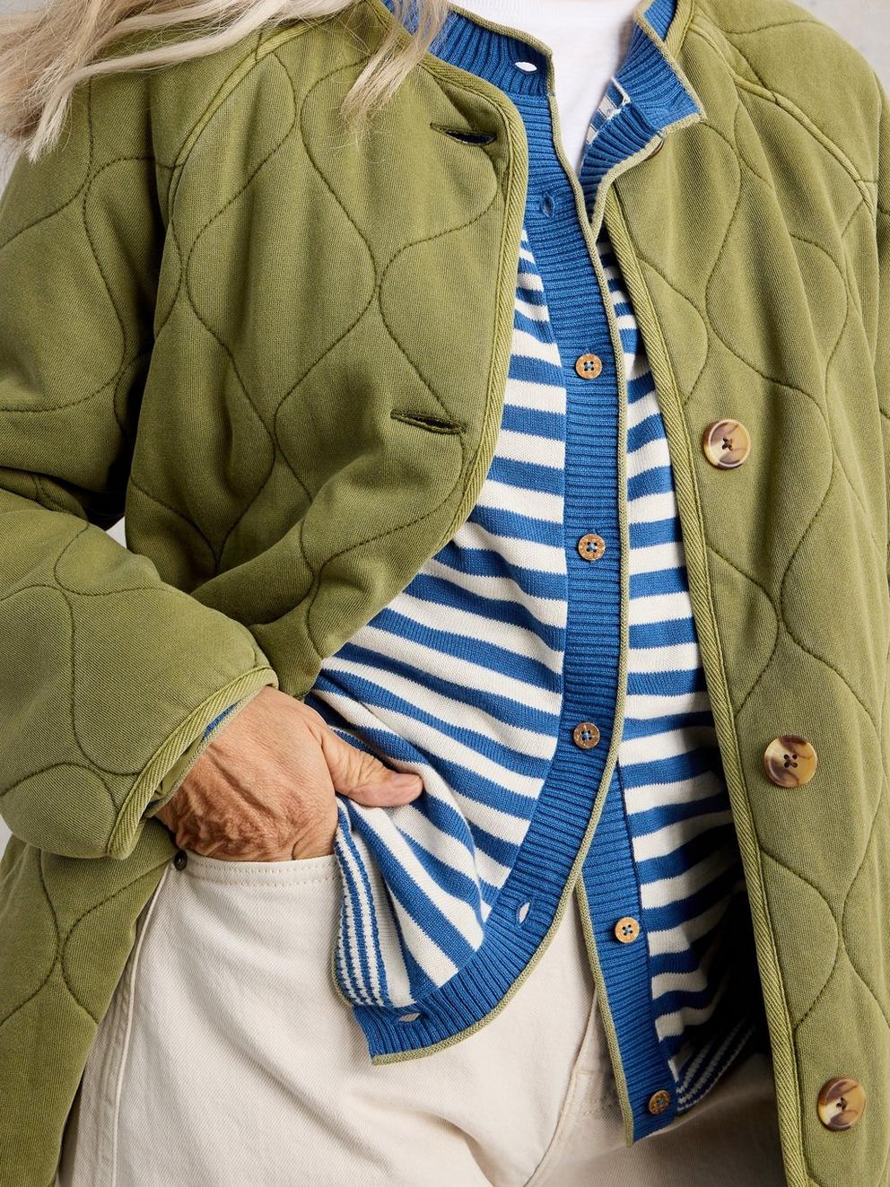 LULU CREW NECK STRIPE CARDI in BLUE MLT - MODEL DETAIL