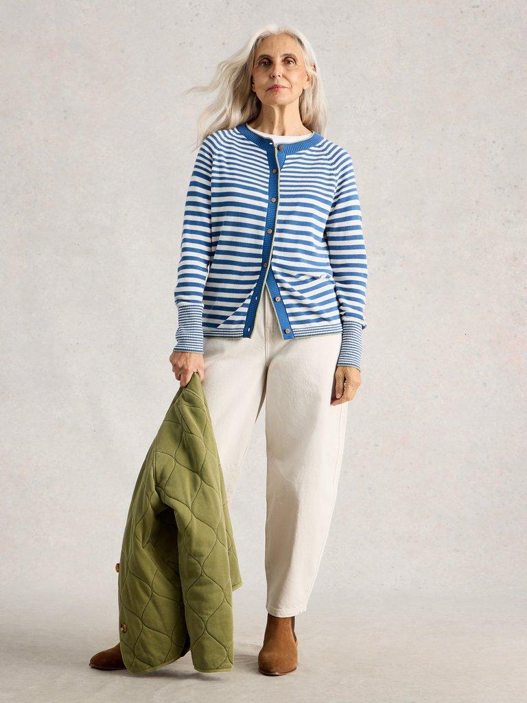 LULU CREW NECK STRIPE CARDI in BLUE MLT - MODEL FRONT