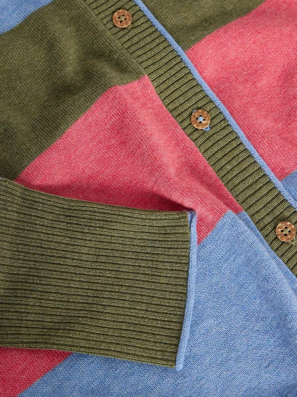 LULU CREW NECK STRIPE CARDI in GREEN MLT - FLAT DETAIL