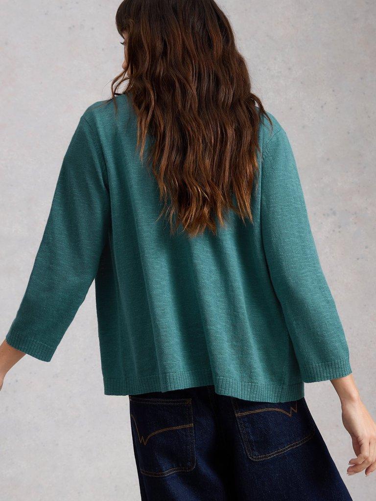 NOVA LINEN BLEND CARDI in DK TEAL - MODEL BACK