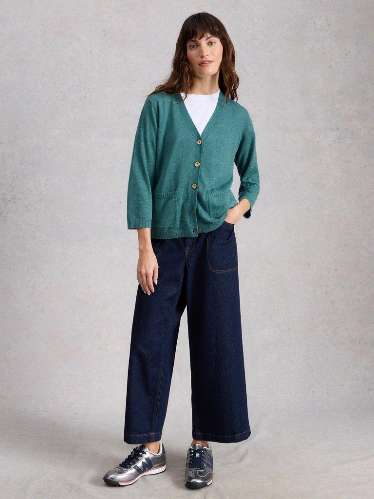 NOVA LINEN BLEND CARDI in DK TEAL - MODEL FRONT