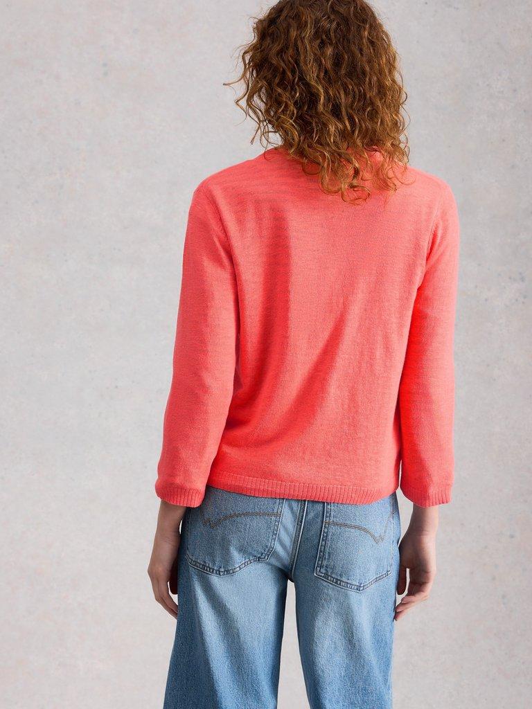 NOVA LINEN BLEND CARDI in MID CORAL - MODEL BACK