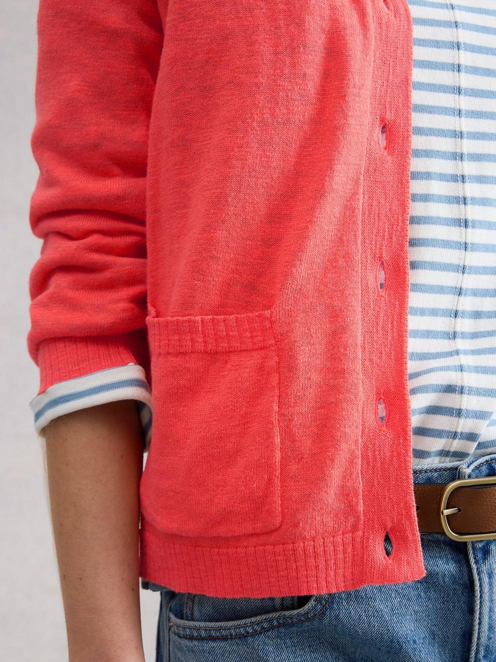 NOVA LINEN BLEND CARDI in MID CORAL - MODEL DETAIL