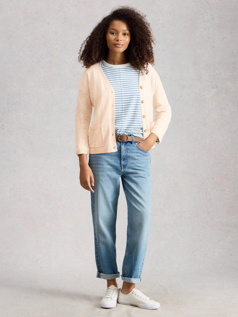 NOVA LINEN BLEND CARDI in NAT WHITE - MODEL FRONT