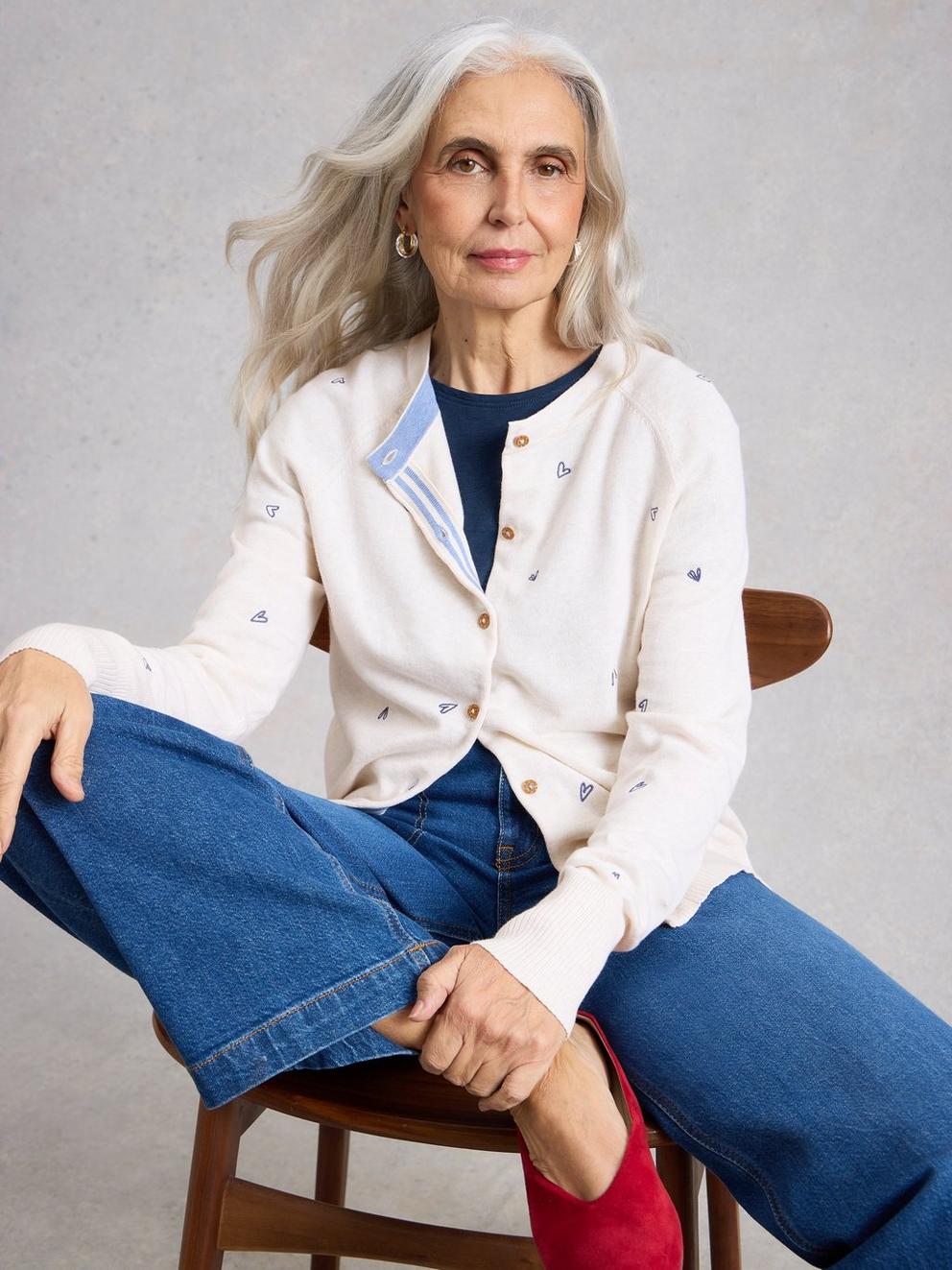 LULU EMBROIDERED CREW NECK CARDIGAN in IVORY MLT - LIFESTYLE