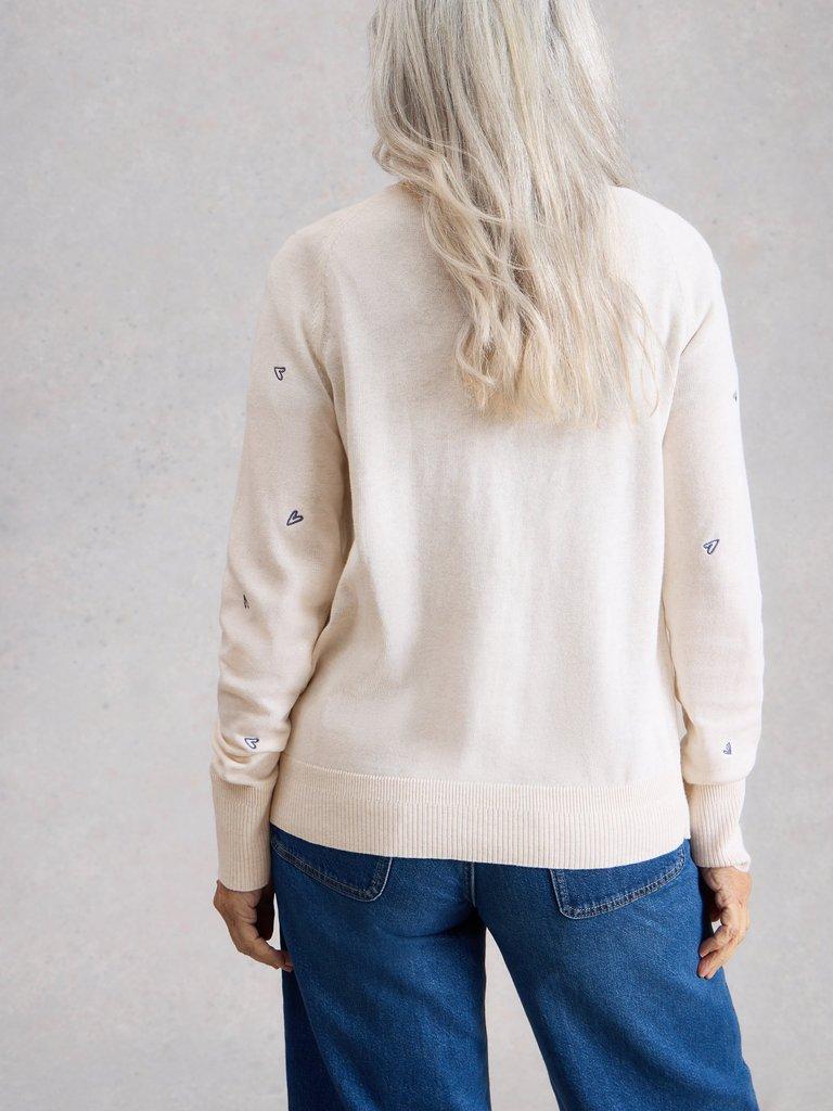 LULU EMBROIDERED CREW NECK CARDIGAN in IVORY MLT - MODEL BACK