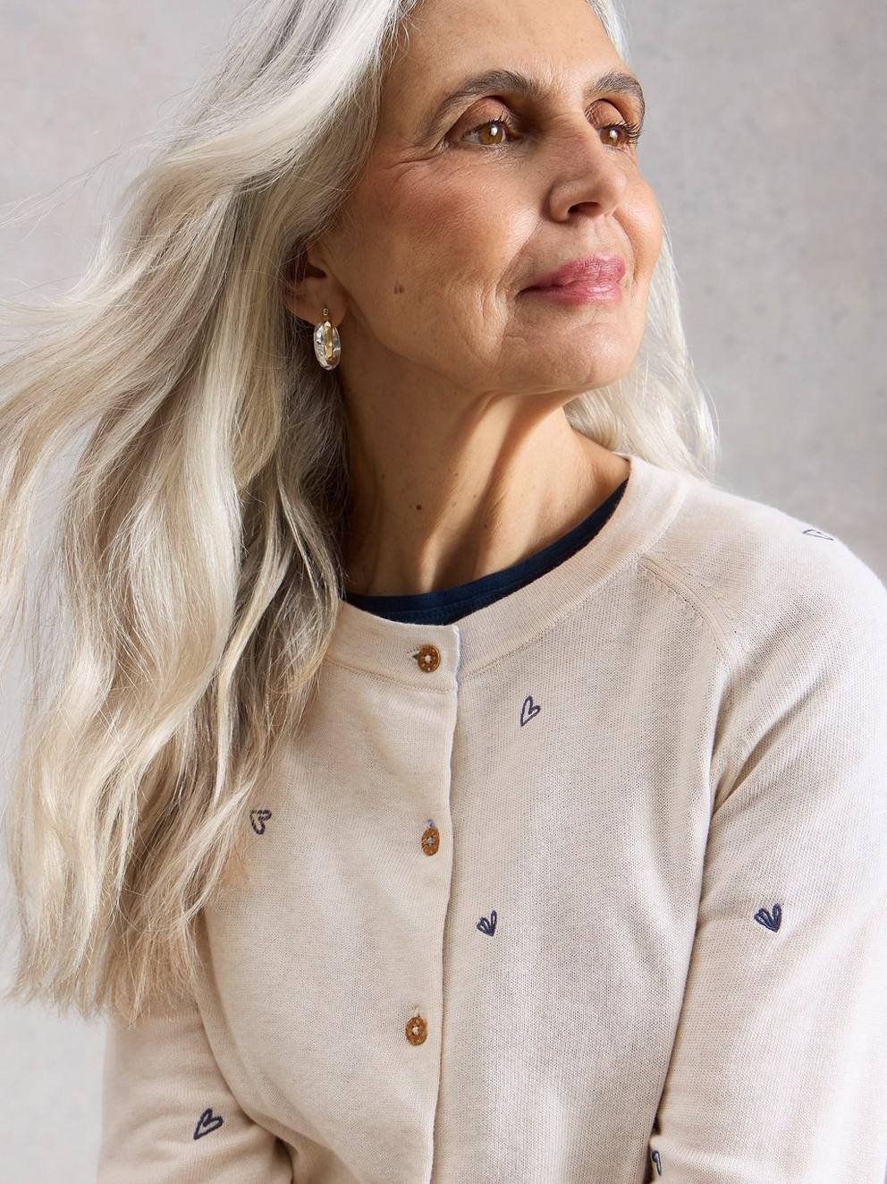 LULU EMBROIDERED CREW NECK CARDIGAN in IVORY MLT - MODEL DETAIL