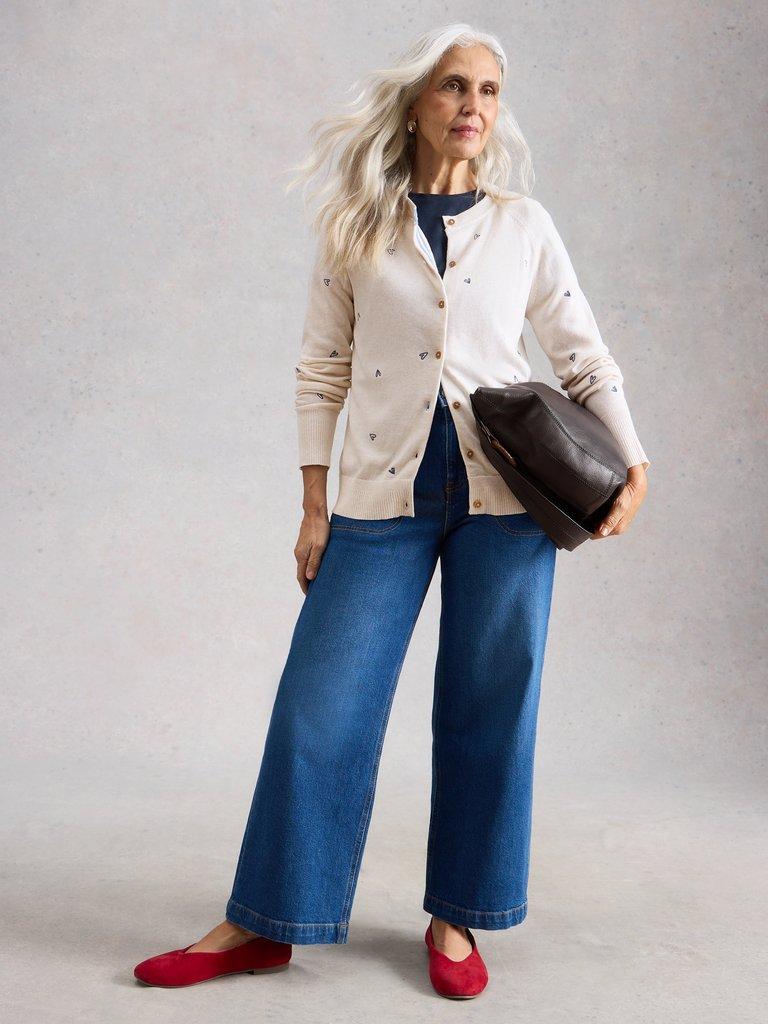 LULU EMBROIDERED CREW NECK CARDIGAN in IVORY MLT - MODEL FRONT