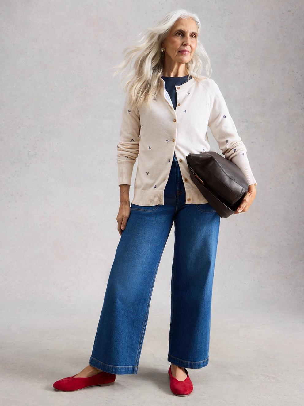 LULU EMBROIDERED CREW NECK CARDIGAN in IVORY MLT - MODEL FRONT