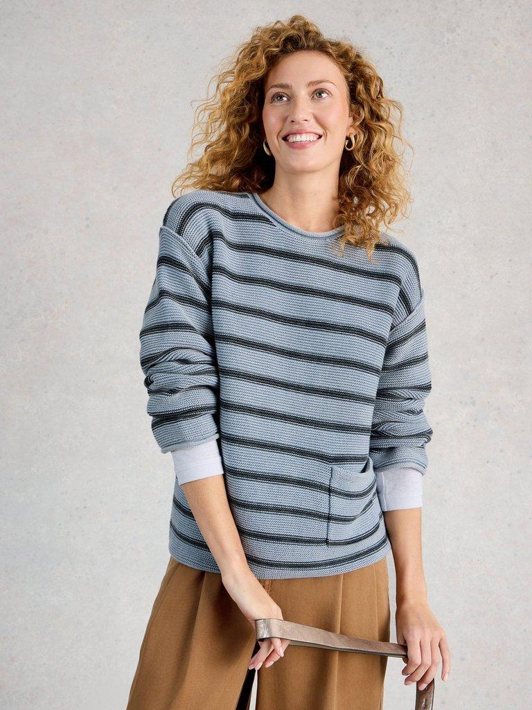 GIGI STRIPE WASHED JUMPER in BLUE MLT - MODEL DETAIL