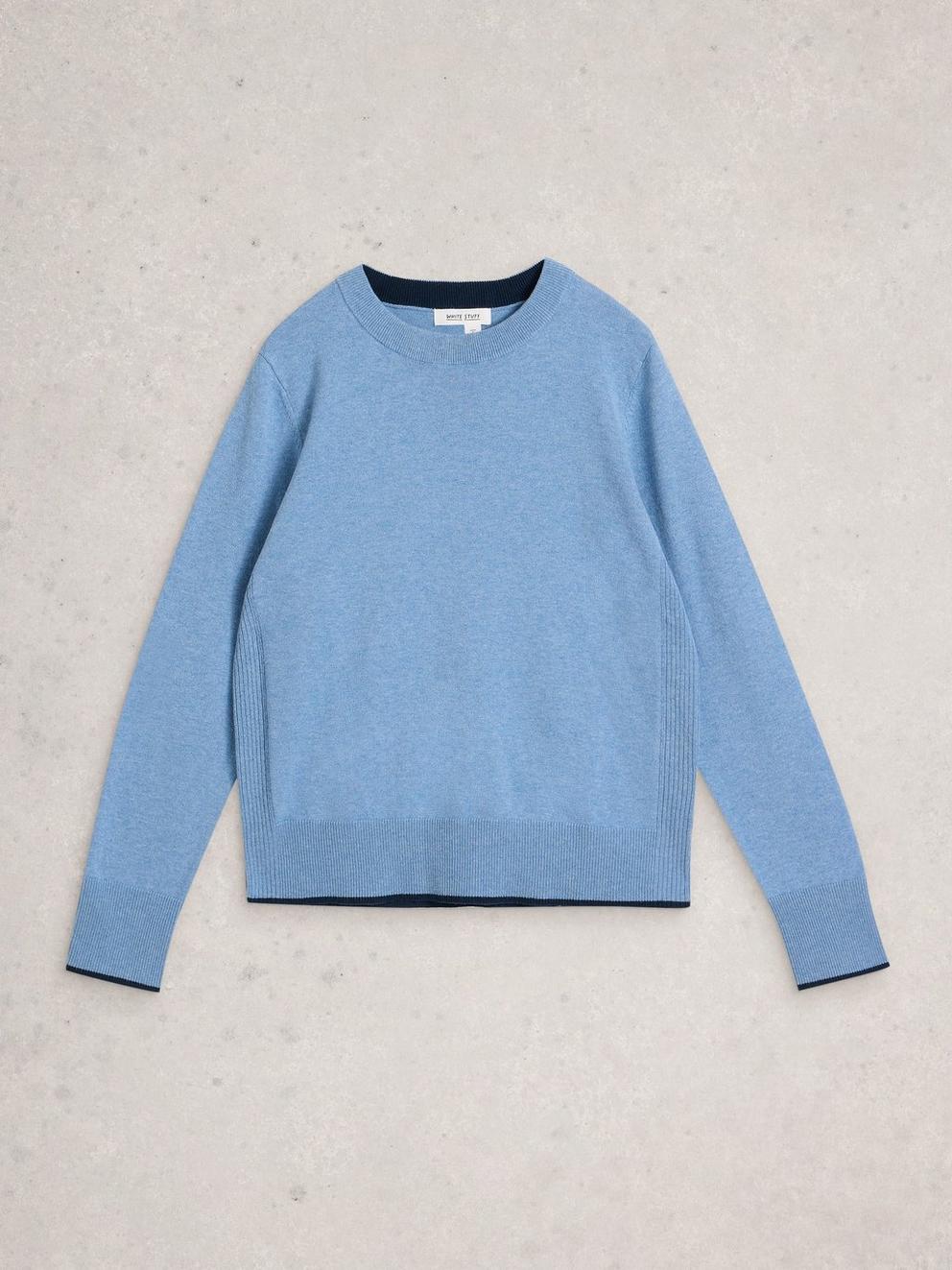 KATIE LONG SLEEVE CREW NECK JUMPER in MID BLUE - FLAT FRONT
