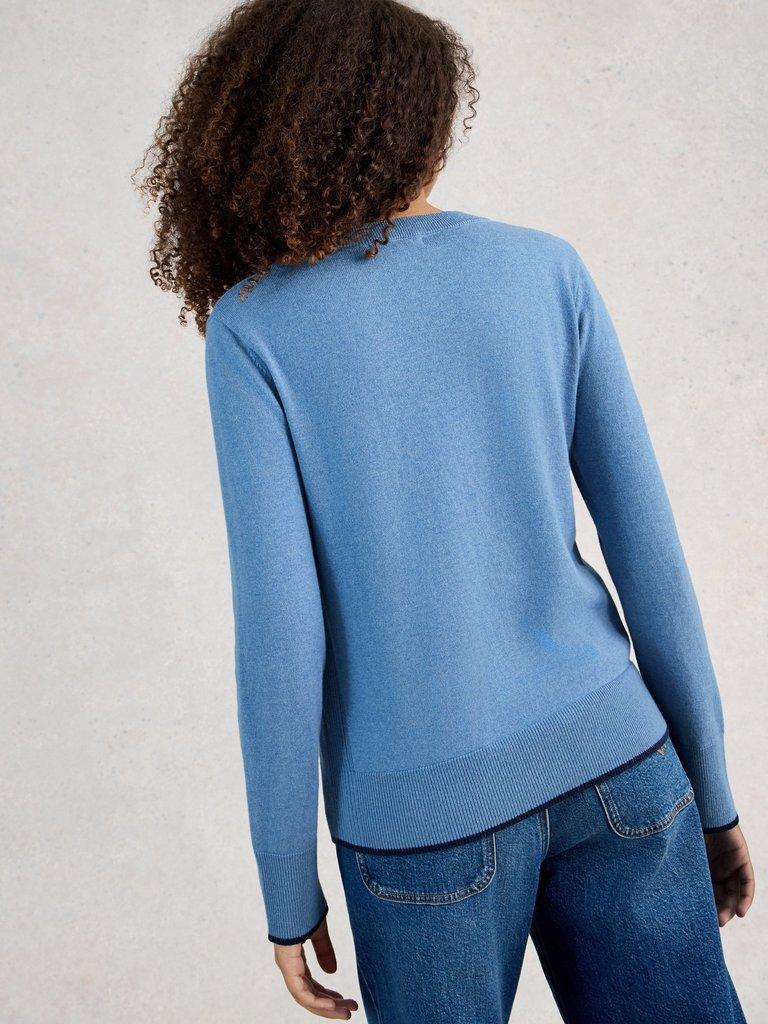 KATIE LONG SLEEVE CREW NECK JUMPER in MID BLUE - MODEL BACK