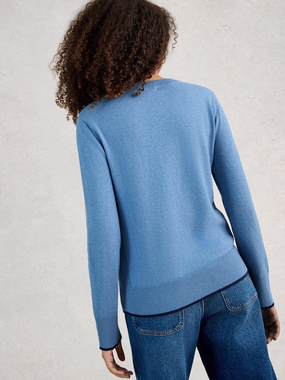 KATIE LONG SLEEVE CREW NECK JUMPER in MID BLUE - MODEL BACK
