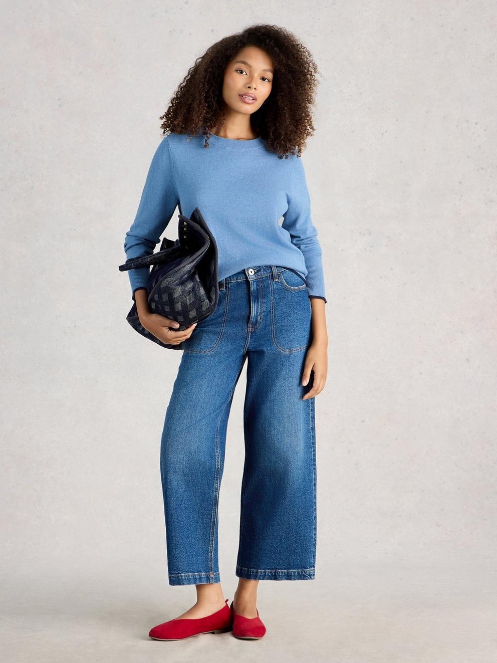 KATIE LONG SLEEVE CREW NECK JUMPER in MID BLUE - MODEL FRONT