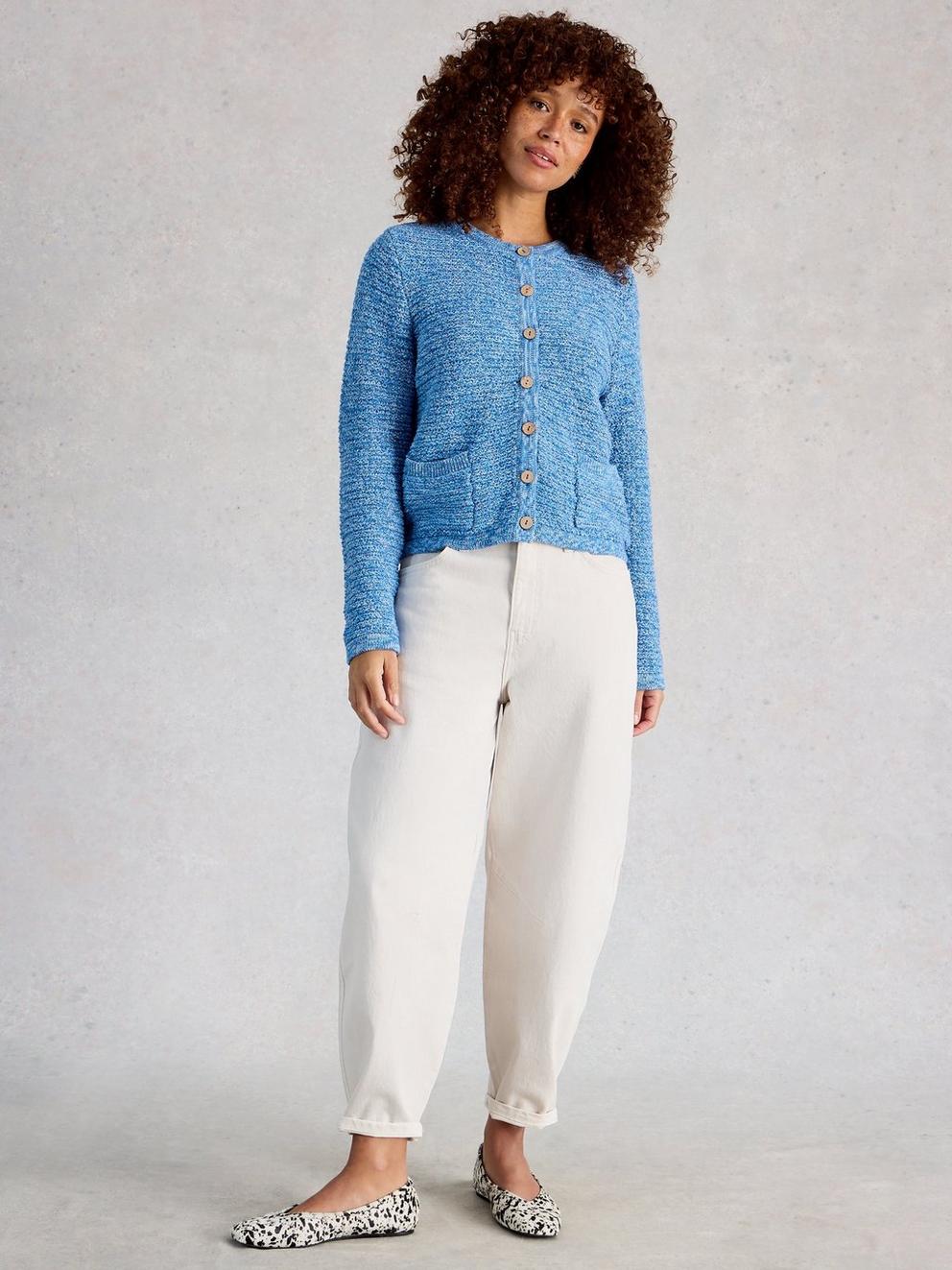 BELLE CARDI in MID BLUE - MODEL FRONT