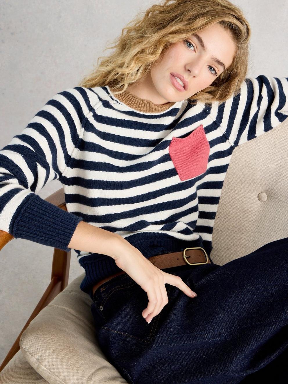 BRITNEY STRIPE JUMPER in NAVY MULTI - MODEL DETAIL