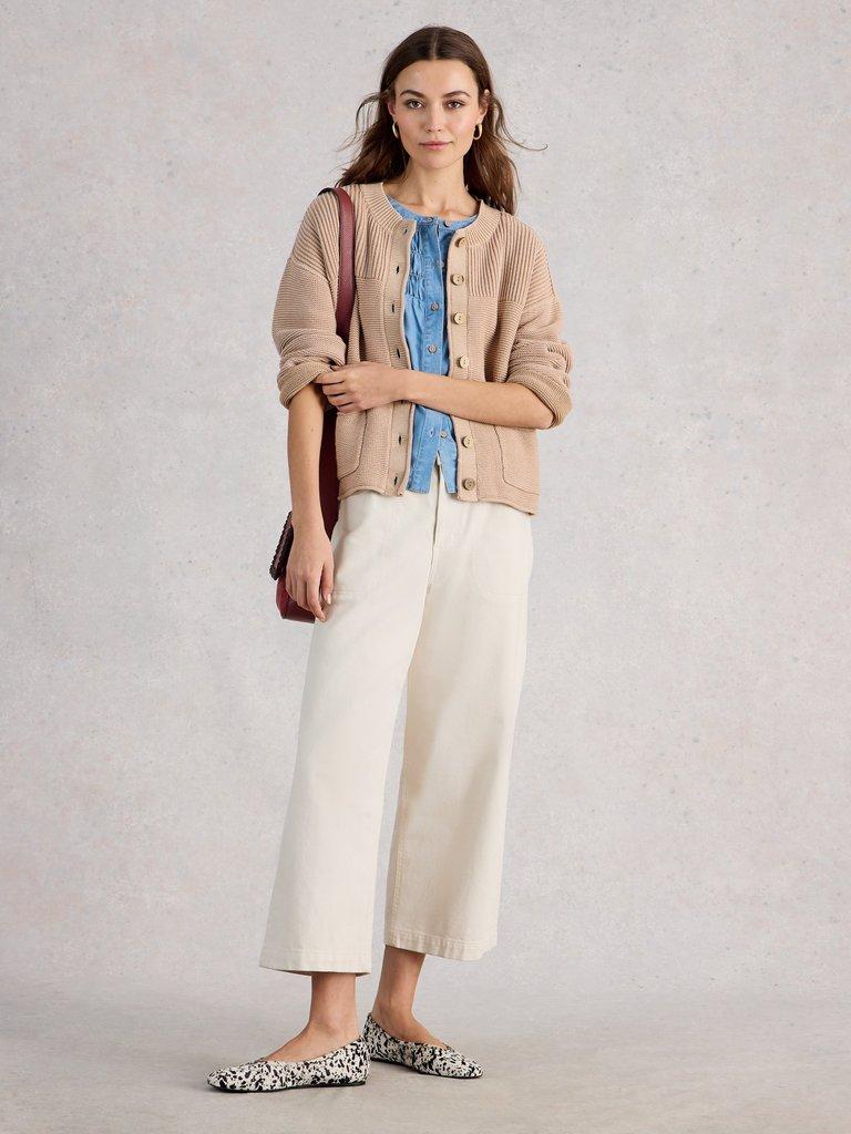 GIGI WASHED CARDI in LGT NAT - MODEL FRONT
