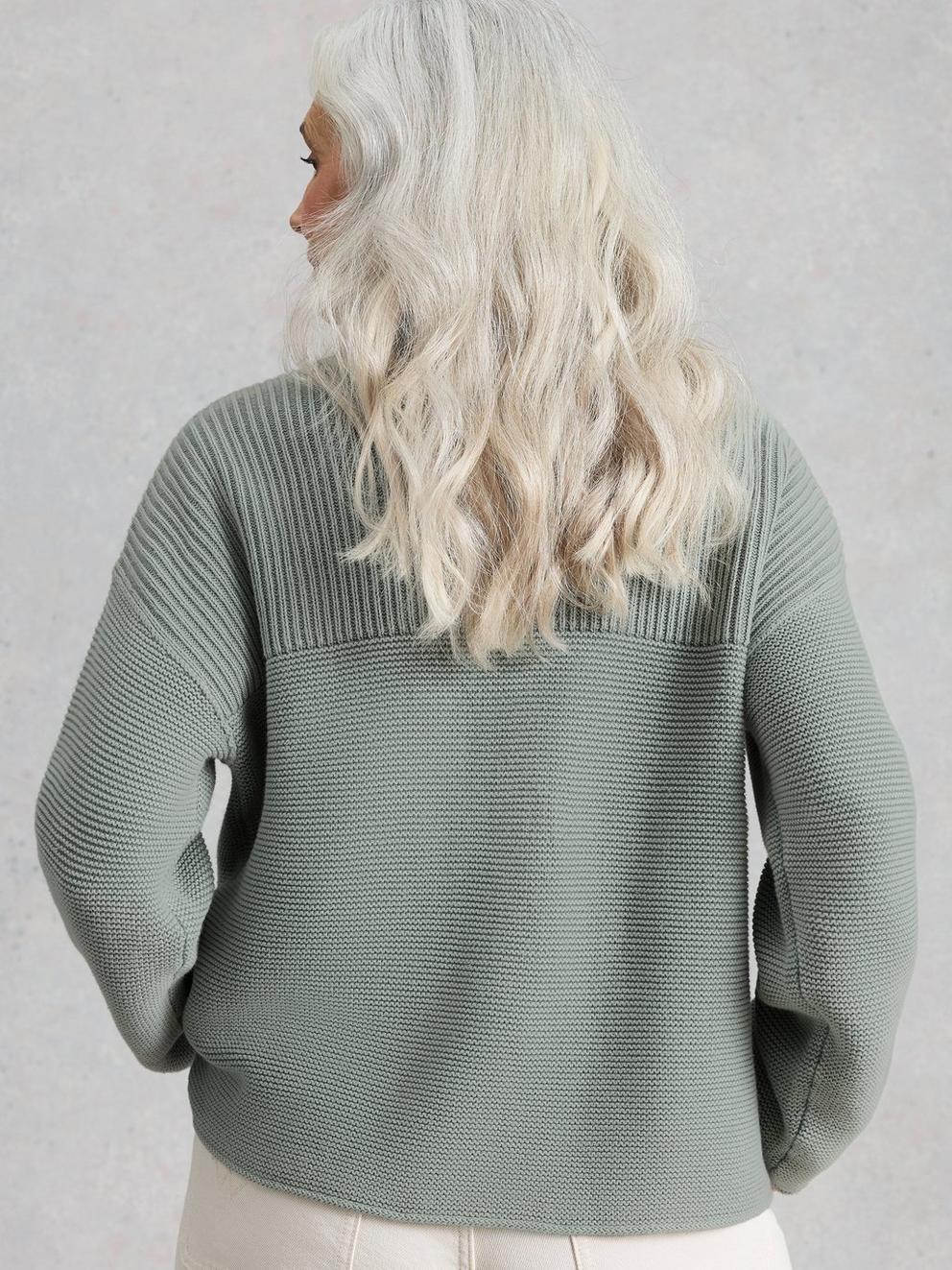 GIGI WASHED CARDI in MID GREEN - MODEL BACK