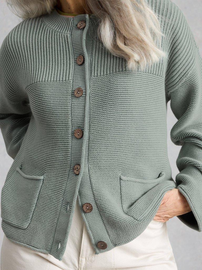 GIGI WASHED CARDI in MID GREEN - MODEL DETAIL