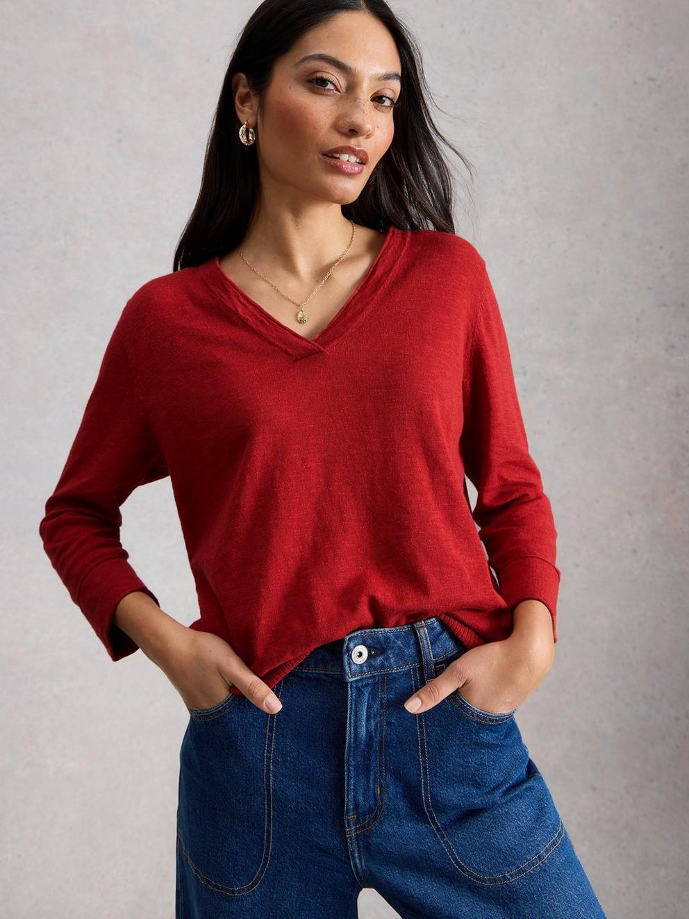 ELODY LINEN BLEND JUMPER in MID RED - MODEL DETAIL