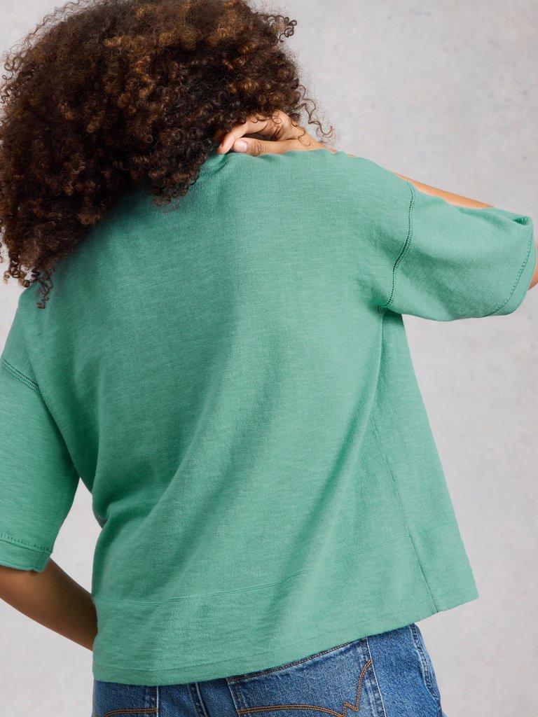 KATE LINEN TOP in MID TEAL - MODEL BACK