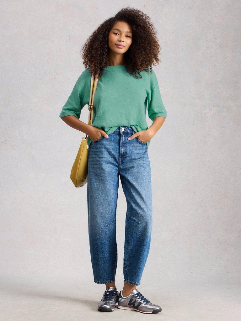 KATE LINEN TOP in MID TEAL - MODEL FRONT