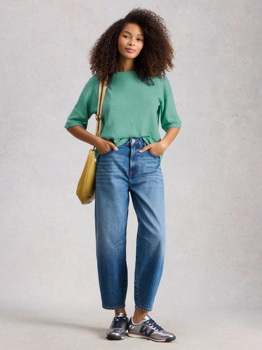 KATE LINEN TOP in MID TEAL - MODEL FRONT