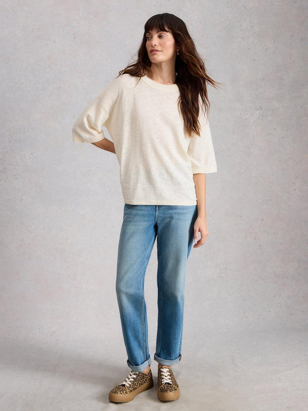 KATE LINEN TOP in NAT WHITE - MODEL FRONT