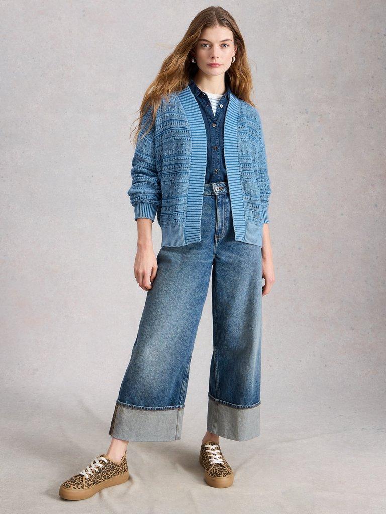 KIMBERLY CARDI in MID BLUE - MODEL FRONT