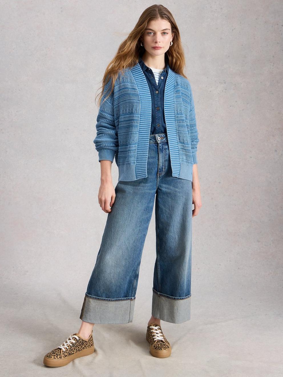 KIMBERLY CARDI in MID BLUE - MODEL FRONT