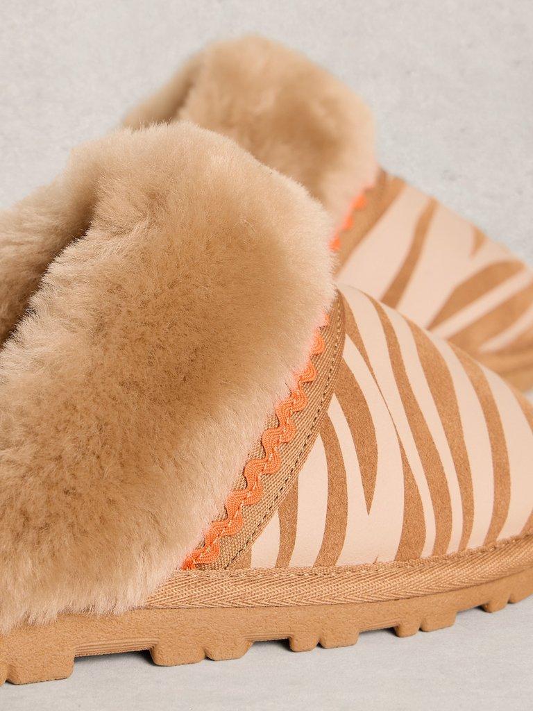Zebra Shearling Mule Slipper in TAN MULTI - FLAT DETAIL